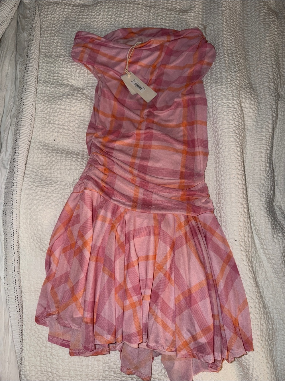 Altar'd State Pink & Orange Plaid Ruched Skater Dress